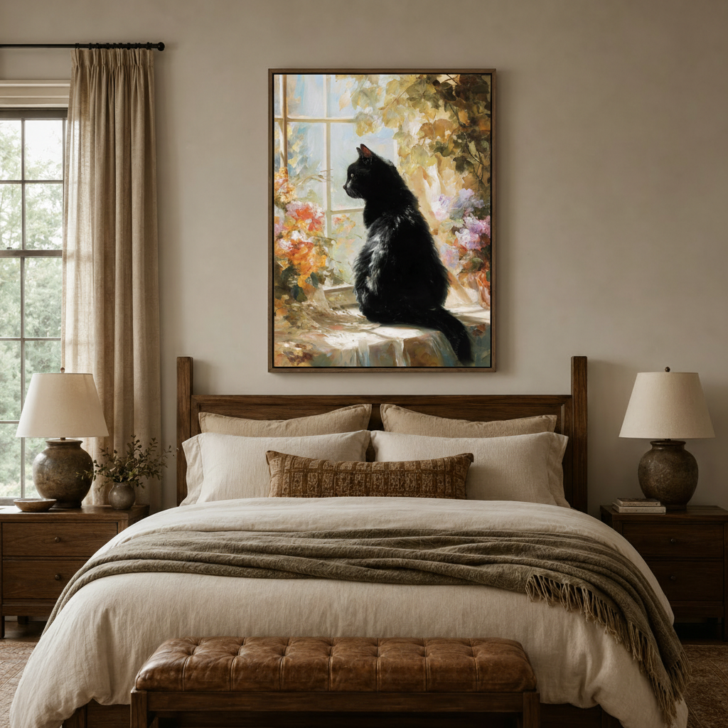  Black cat floral canvas wall art centered above bed in a cozy neutral bedroom with warm natural light