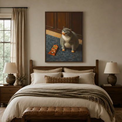 Cheetos cat funny wall art above bedroom headboard, grey British Shorthair with guilty expression