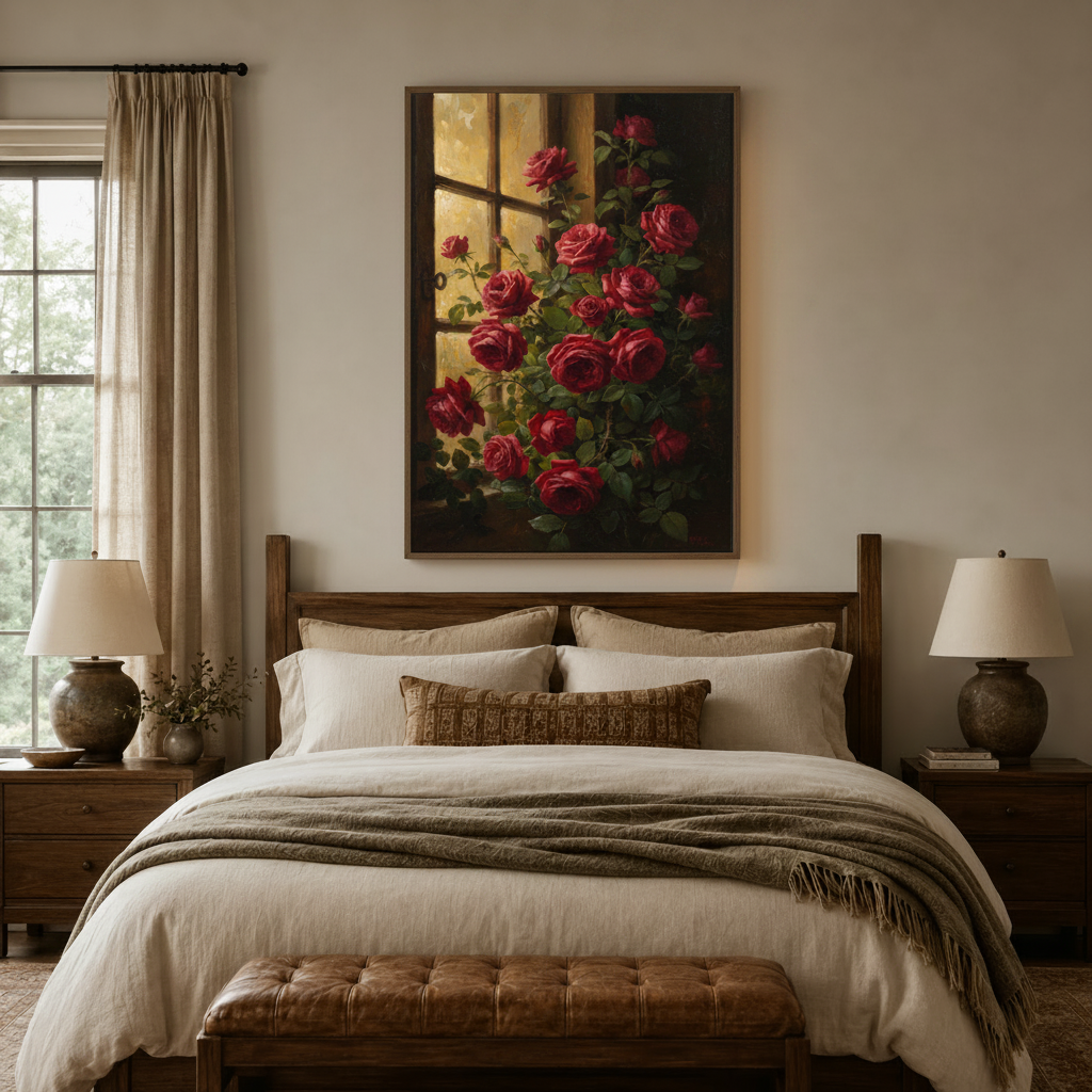 Red roses oil painting wall art centered above bed in cozy neutral bedroom with linen bedding