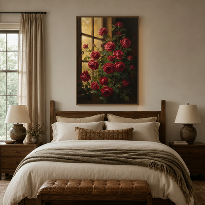 Red roses oil painting wall art centered above bed in cozy neutral bedroom with linen bedding