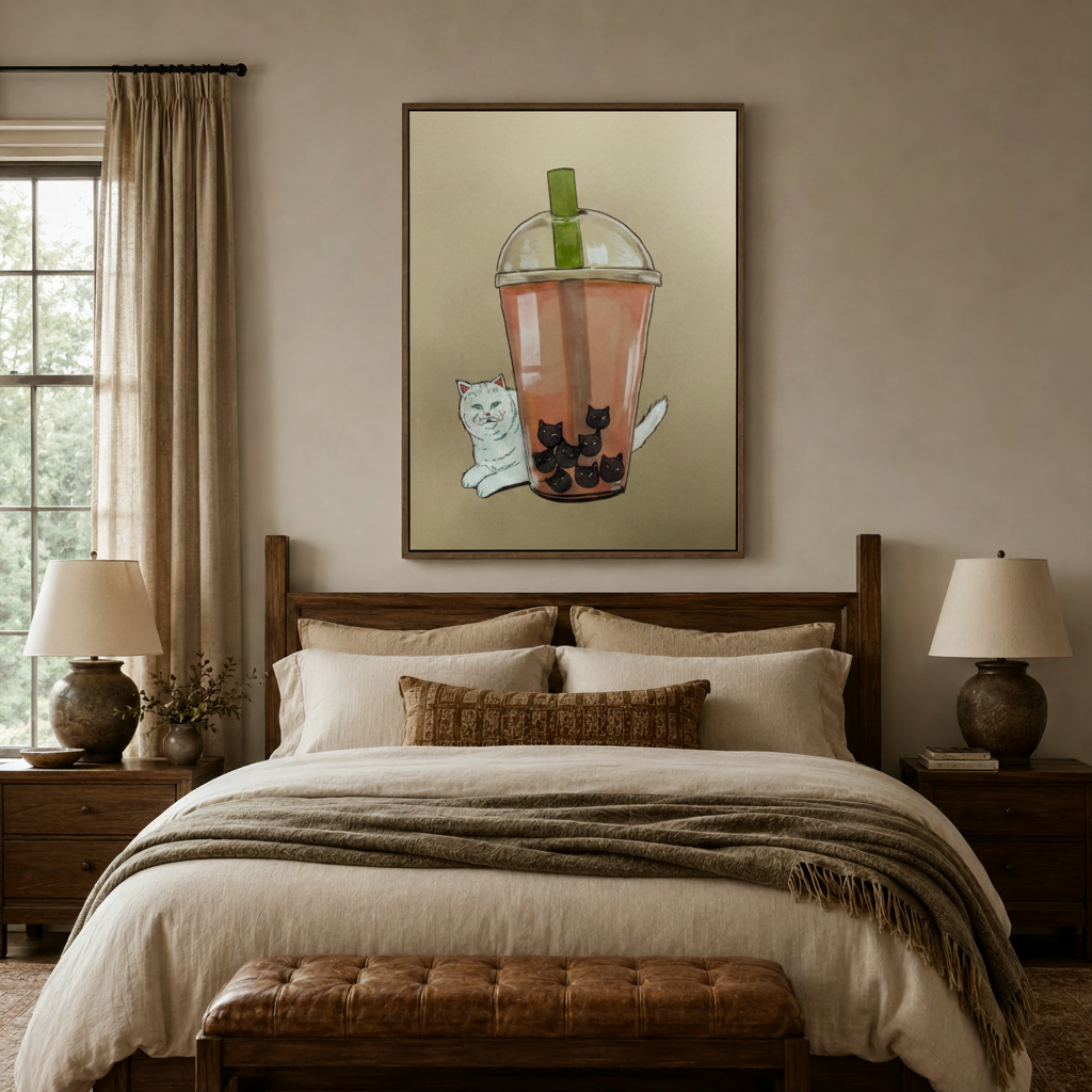 Whimsical boba cat canvas in walnut floater frame above a linen bed in a warm bedroom