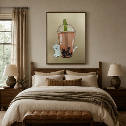 Whimsical boba cat canvas in walnut floater frame above a linen bed in a warm bedroom