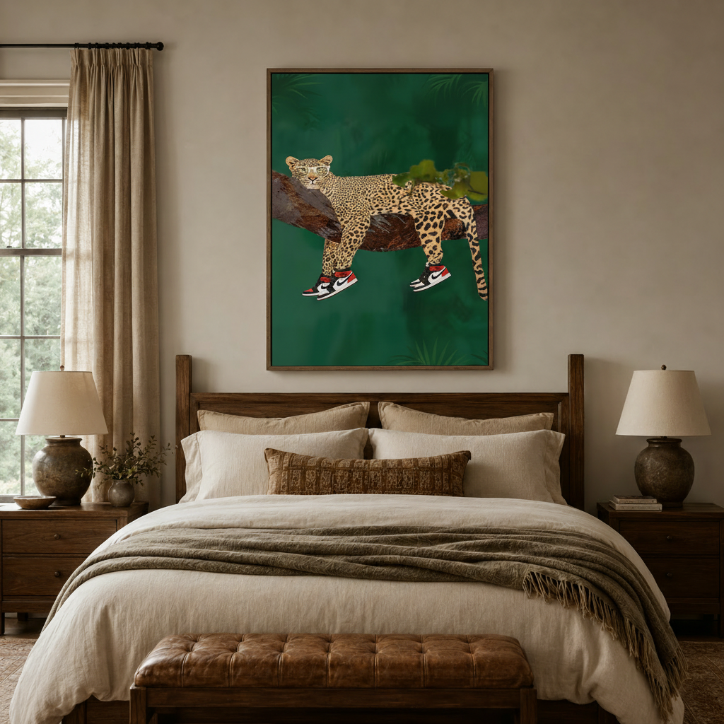 Large animal pop art wall art above a dark wood bed in a cozy neutral bedroom