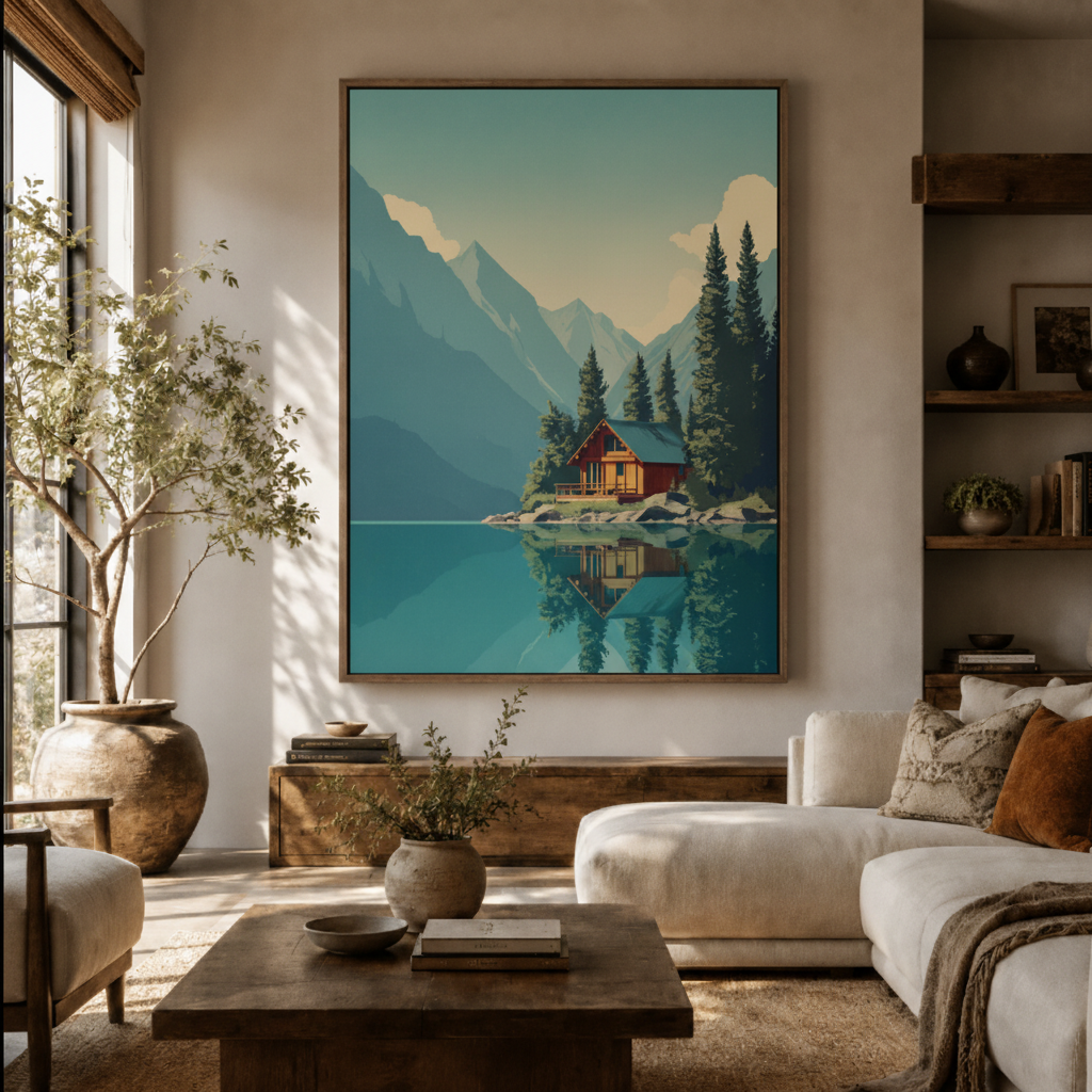Lake cabin canvas wall art in living room – modern minimalist mountain lake illustration displayed above sofa by Aurewall