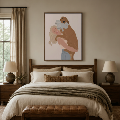 Dog lover illustration canvas art above a bed in a cozy neutral bedroom with linen bedding
