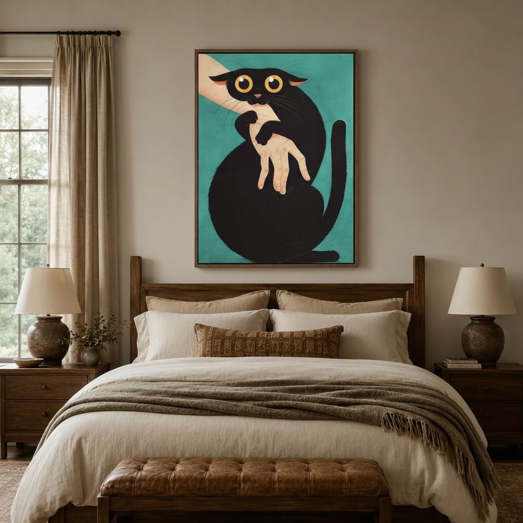 Humorous black cat illustration canvas in float frame above bed in cozy bedroom