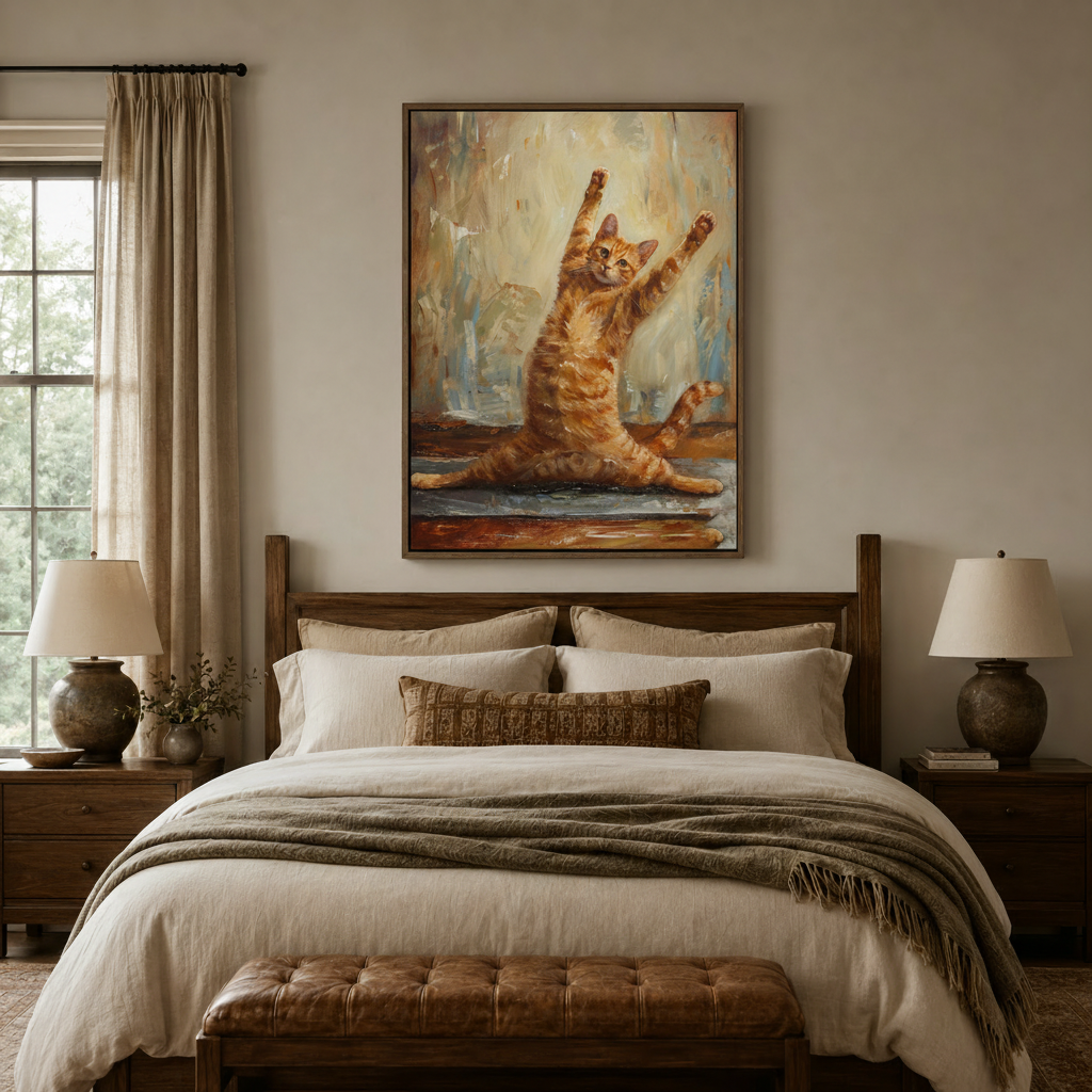 Orange cat doing yoga splits oil painting canvas print above bed in cozy bedroom