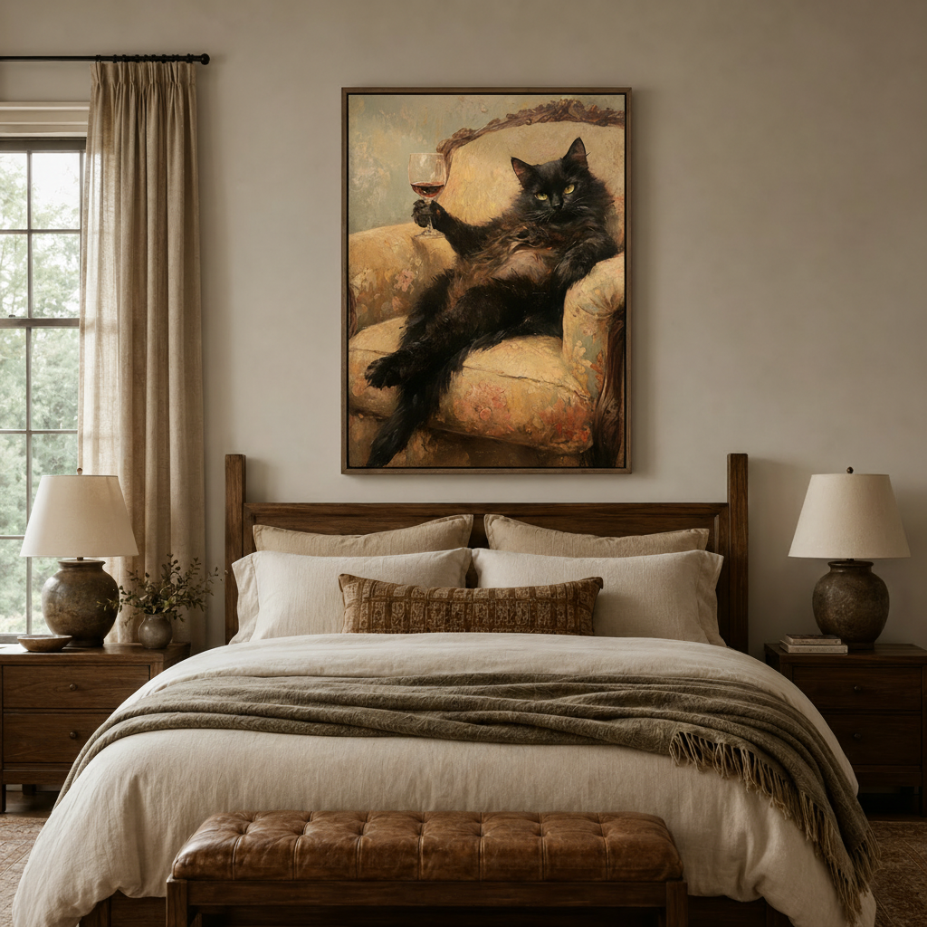  Humorous black cat wine canvas wall art centered above bed in cozy neutral bedroom with warm lighting