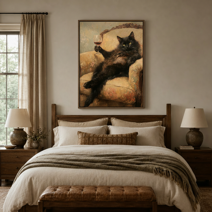  Humorous black cat wine canvas wall art centered above bed in cozy neutral bedroom with warm lighting