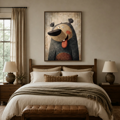 Funny bear canvas wall art above bed in warm neutral bedroom with linen bedding