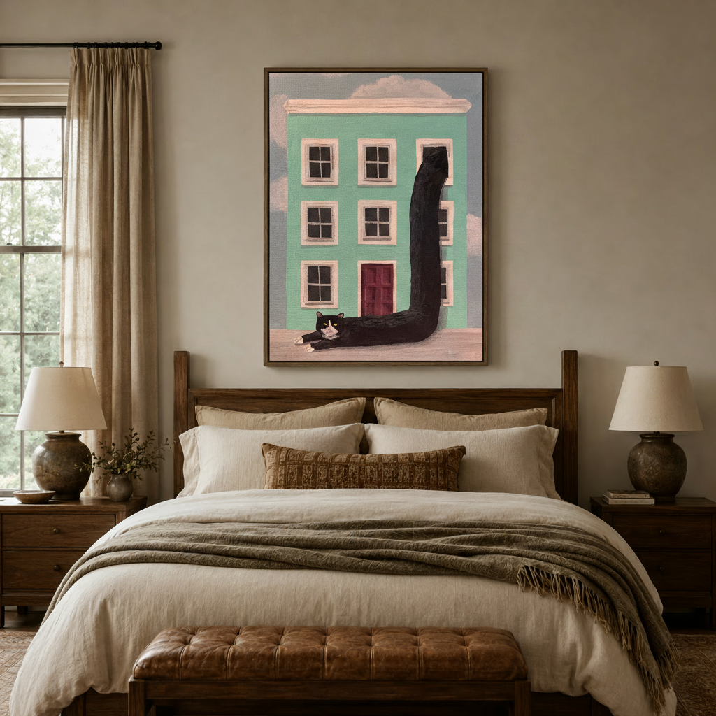 Whimsical folk art cat canvas above a rustic wood bed in a cozy neutral bedroom setting