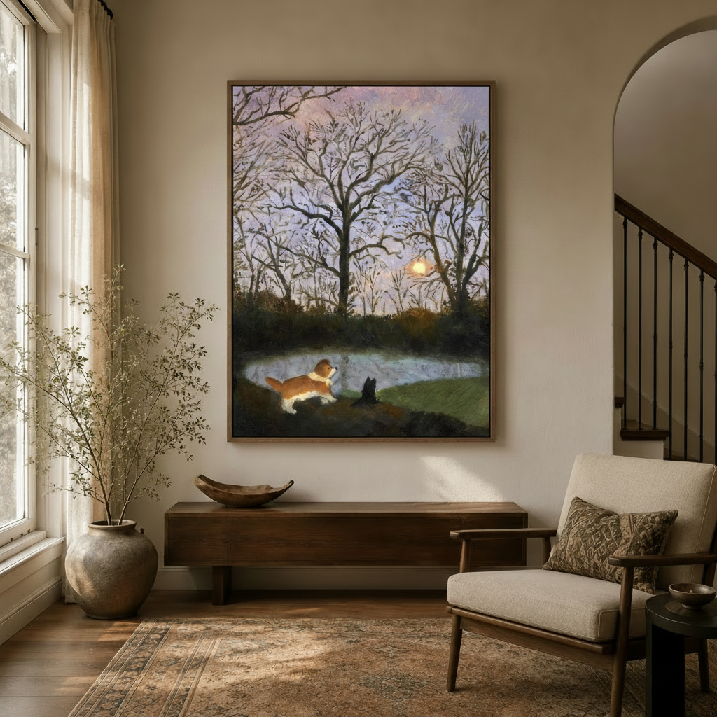 Moonlit pond dog impressionist canvas print styled in a warm entryway with arched doorway and natural light