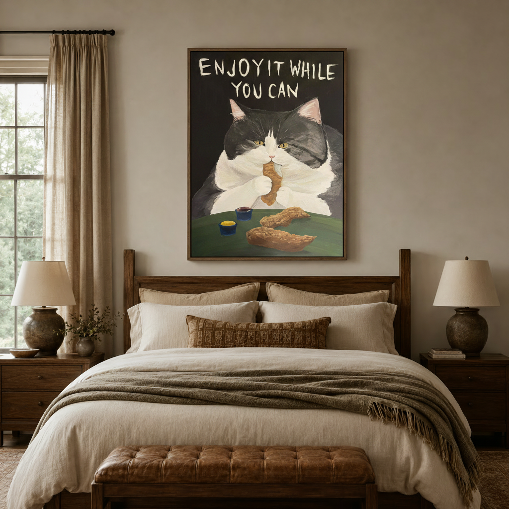 Bold painterly cat with chicken canvas above a rustic wooden bed in a cozy warm-toned bedroom