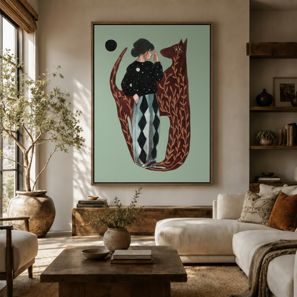 Whimsical illustrated canvas print displayed above a wooden console in a warm neutral living room