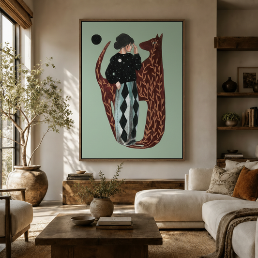 Whimsical illustrated canvas print displayed above a wooden console in a warm neutral living room