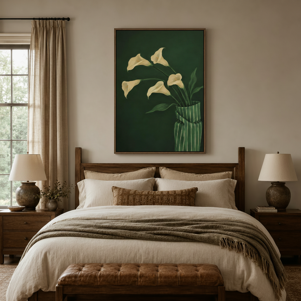 Botanical calla lily wall art above bedroom headboard, deep forest green background, warm lighting