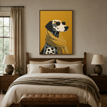 Dalmatian pop art canvas with gold sunglasses above bed in cozy neutral bedroom with warm linen bedding