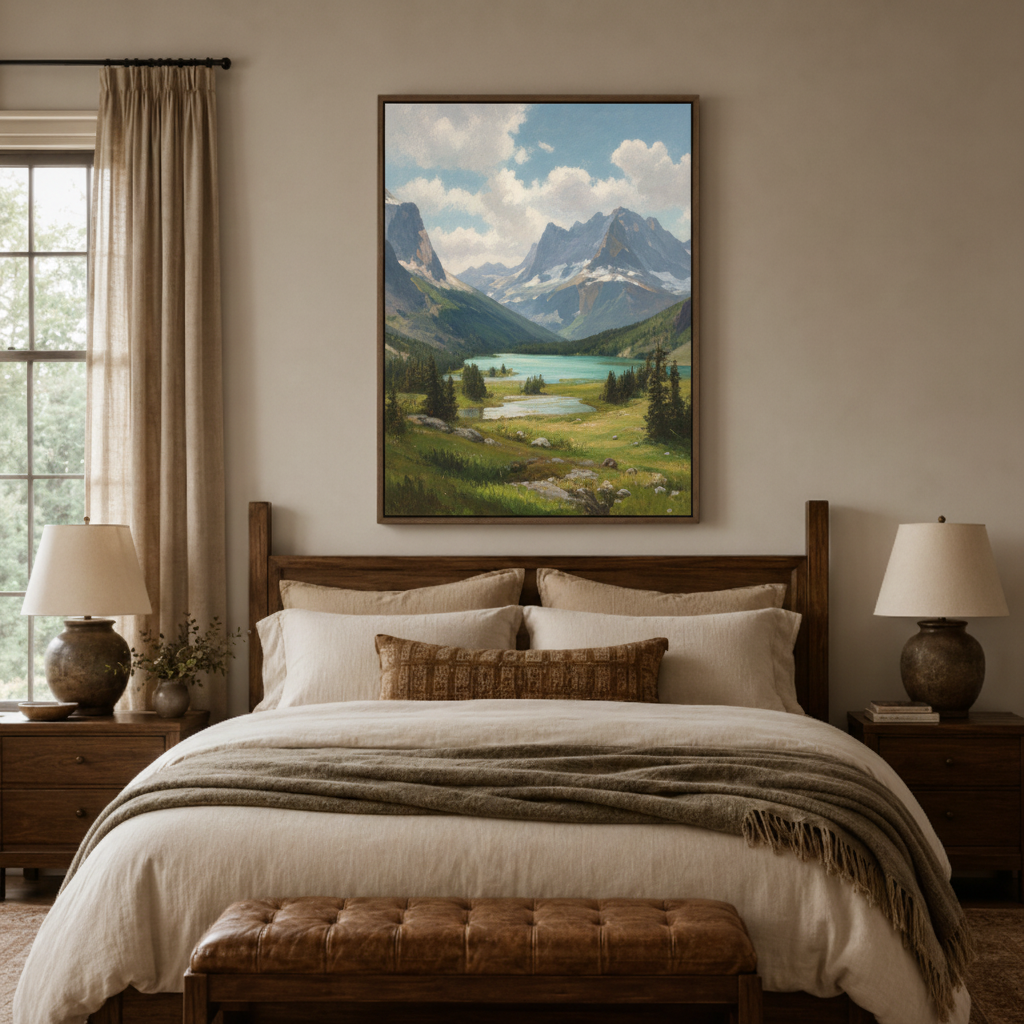 Scenic mountain lake canvas print in bedroom – nature oil painting with snow peaks and turquoise water above bed by Aurewall
