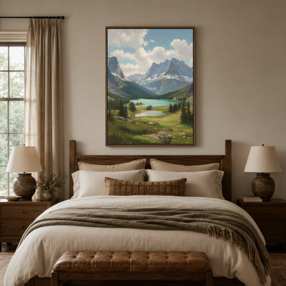 Scenic mountain lake canvas print in bedroom – nature oil painting with snow peaks and turquoise water above bed by Aurewall