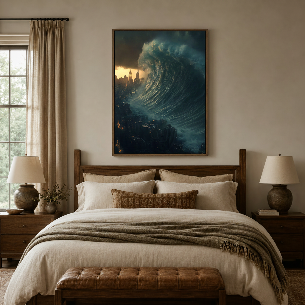 Cinematic ocean wave canvas wall art above wooden bed in warm neutral bedroom with linen curtains