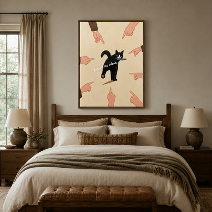 Bold illustrative cat canvas print above wooden bed frame in warm neutral bedroom