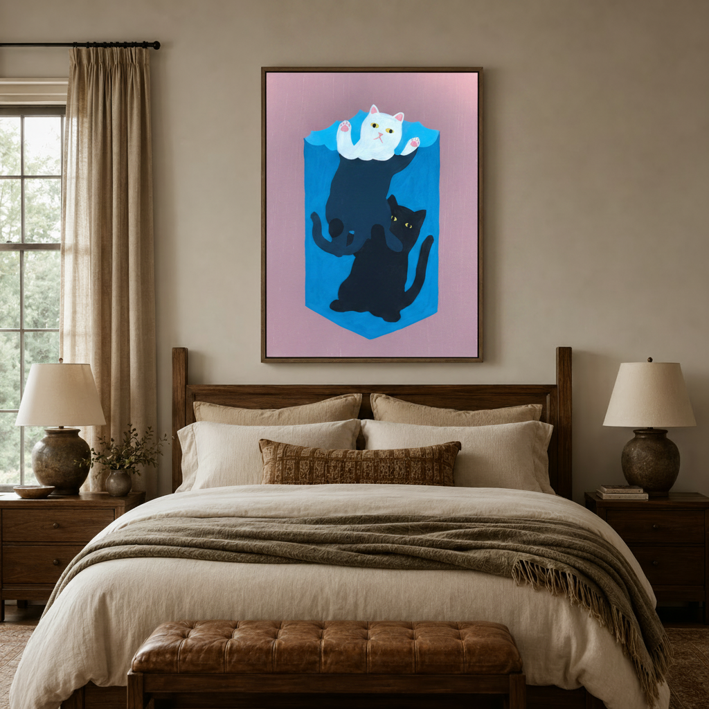 Three stacked cats whimsical canvas art above a bed in a cozy neutral bedroom