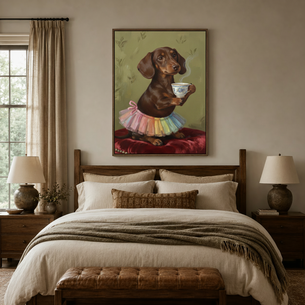 Dachshund tea party canvas print above linen bed in cozy bedroom with warm lamp and botanical backdrop