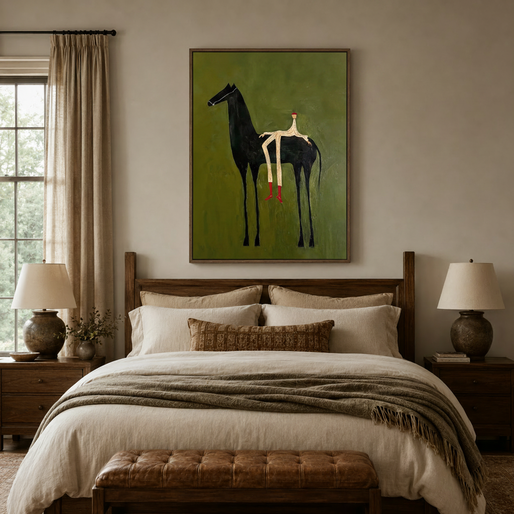 Naive folk art canvas of black horse and minimalist rider above a dark wood bed in a cozy bedroom