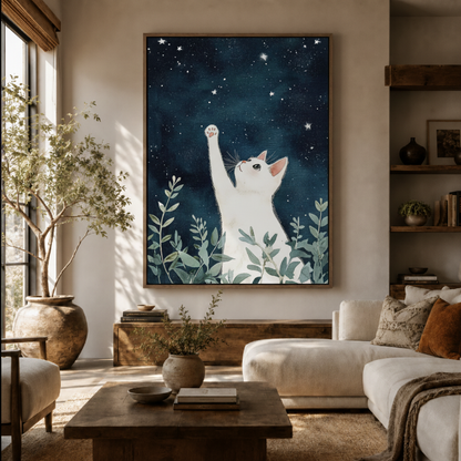 White cat starry sky canvas wall art in living room – botanical illustration with white cat reaching for stars among green plants displayed above sofa by Aurewall