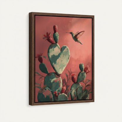Cactus hummingbird framed canvas wall art – botanical oil painting with heart-shaped cactus and hummingbird against coral pink sky by Aurewall