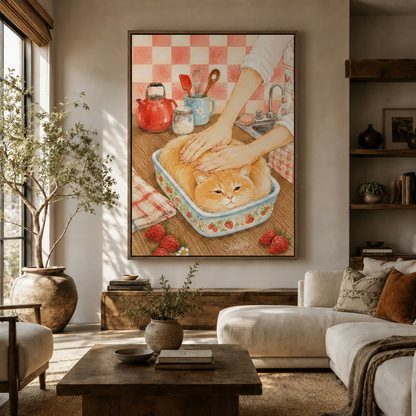 Funny cat wall art framed canvas displayed in warm Japandi living room