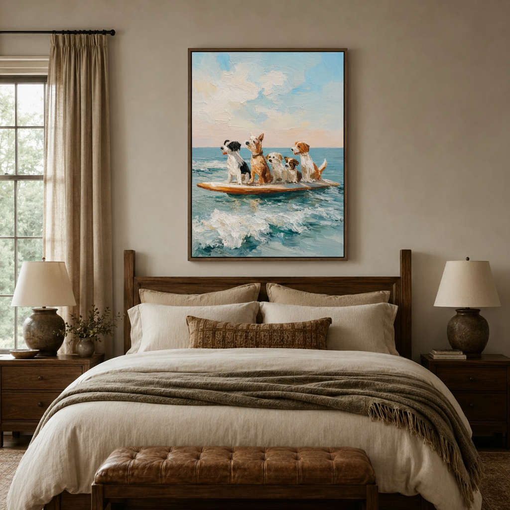 Impasto oil painting of dogs surfing displayed above a dark wood bed frame in neutral bedroom