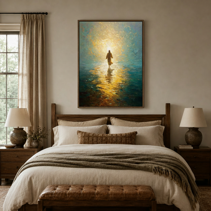 Faith-inspired Jesus walking on water impasto painting above a linen bed in a serene bedroom