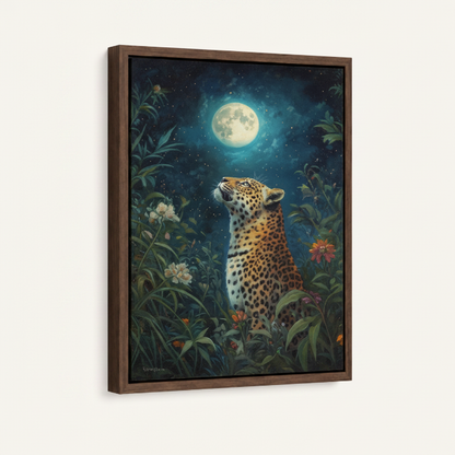 Moonlit leopard framed canvas wall art – dark jungle night scene with full moon and tropical botanicals by Aurewall