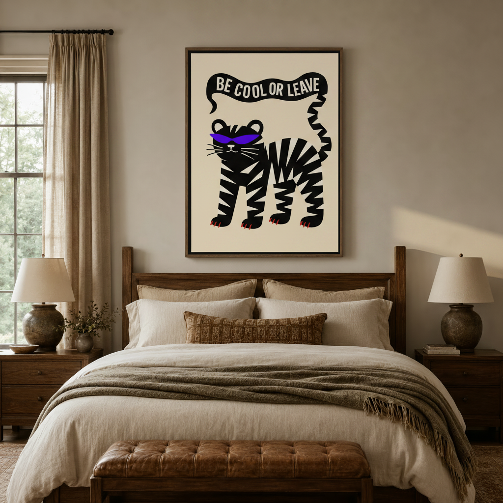 Bold black tiger pop art canvas in float frame above bedroom headboard with neutral bedding