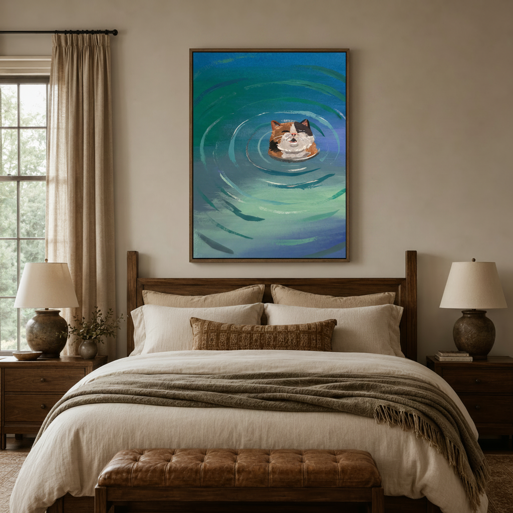 Funny swimming cat canvas print above dark walnut bed in cozy neutral bedroom