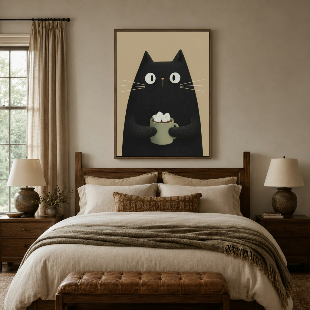 Black cat holding cocoa framed canvas above a linen bed in a warm bedroom setting