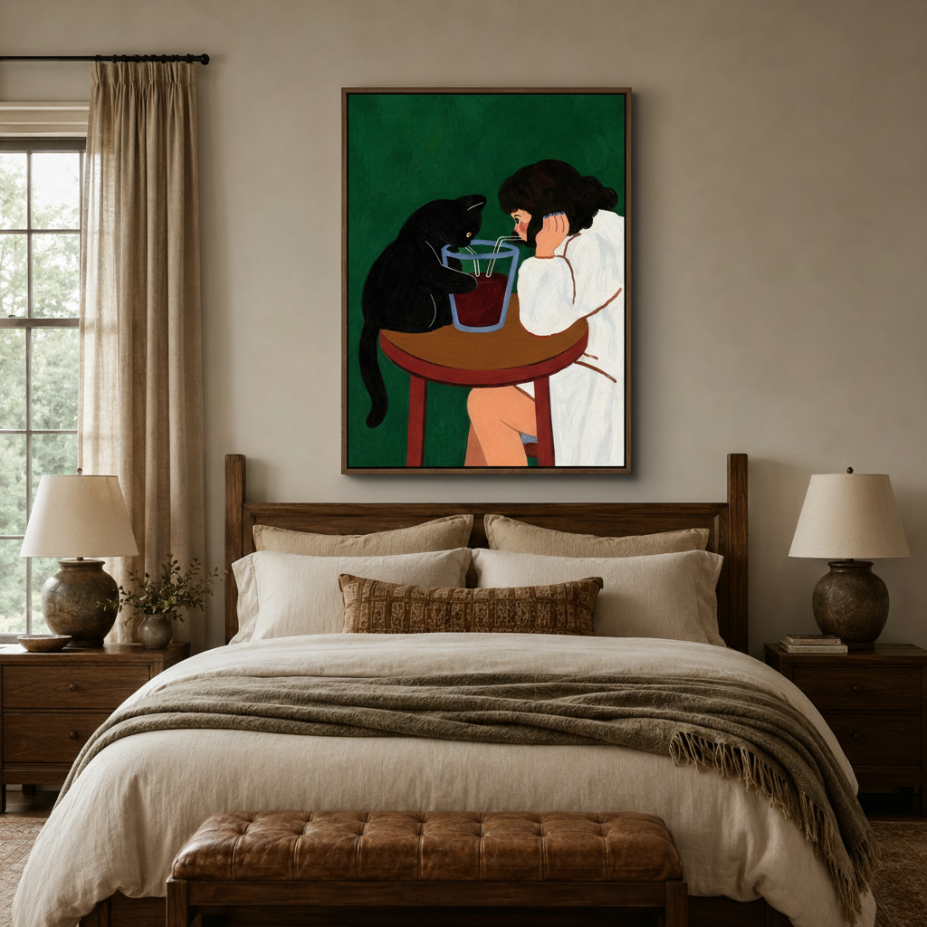 Emerald green cat lover canvas art in float frame above bed in cozy neutral bedroom
