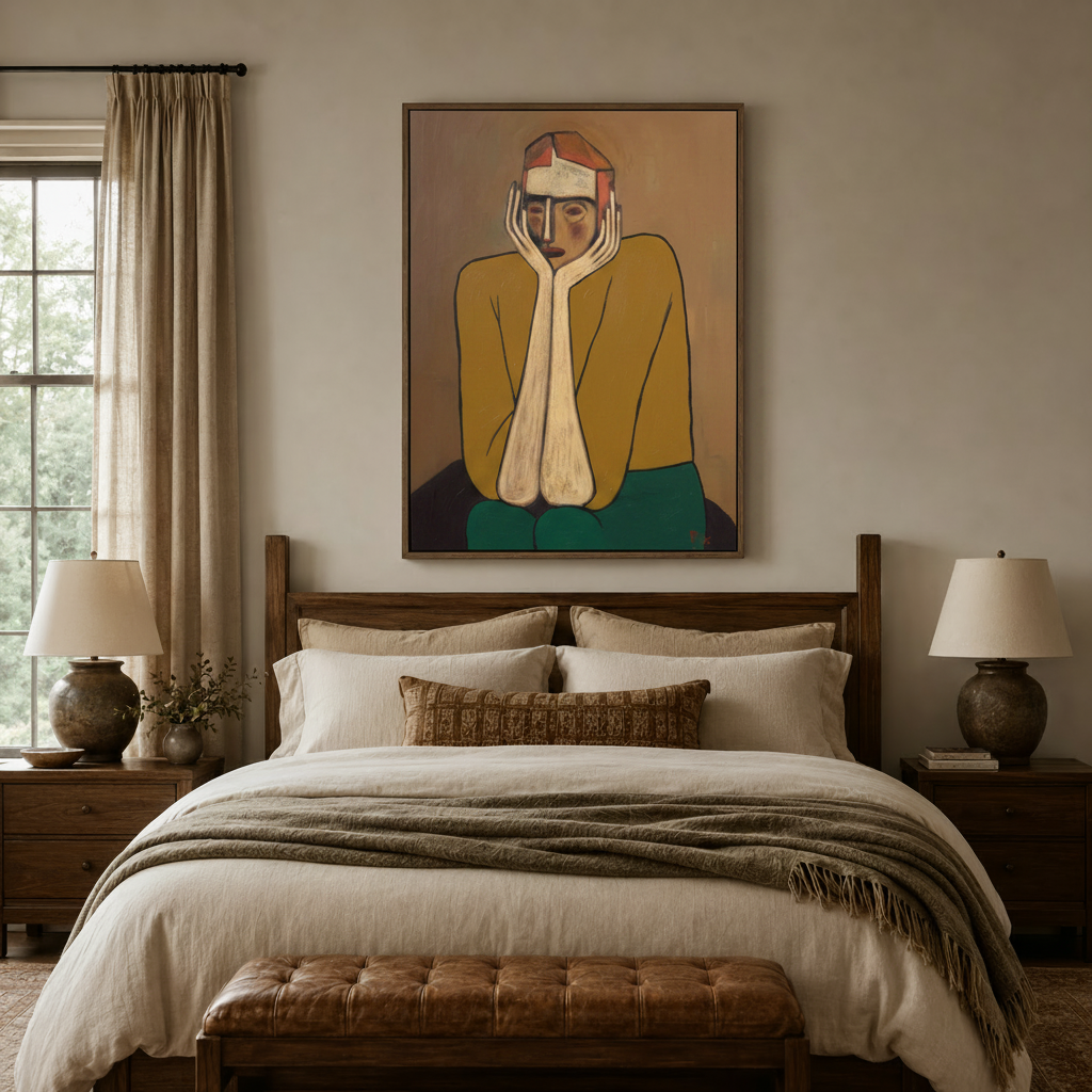 Expressionist canvas print of a contemplative figure above a walnut bed in a cozy bedroom