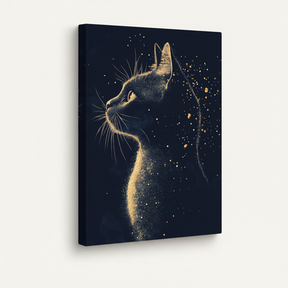 Stretched canvas print of golden stardust cat silhouette on navy blue background