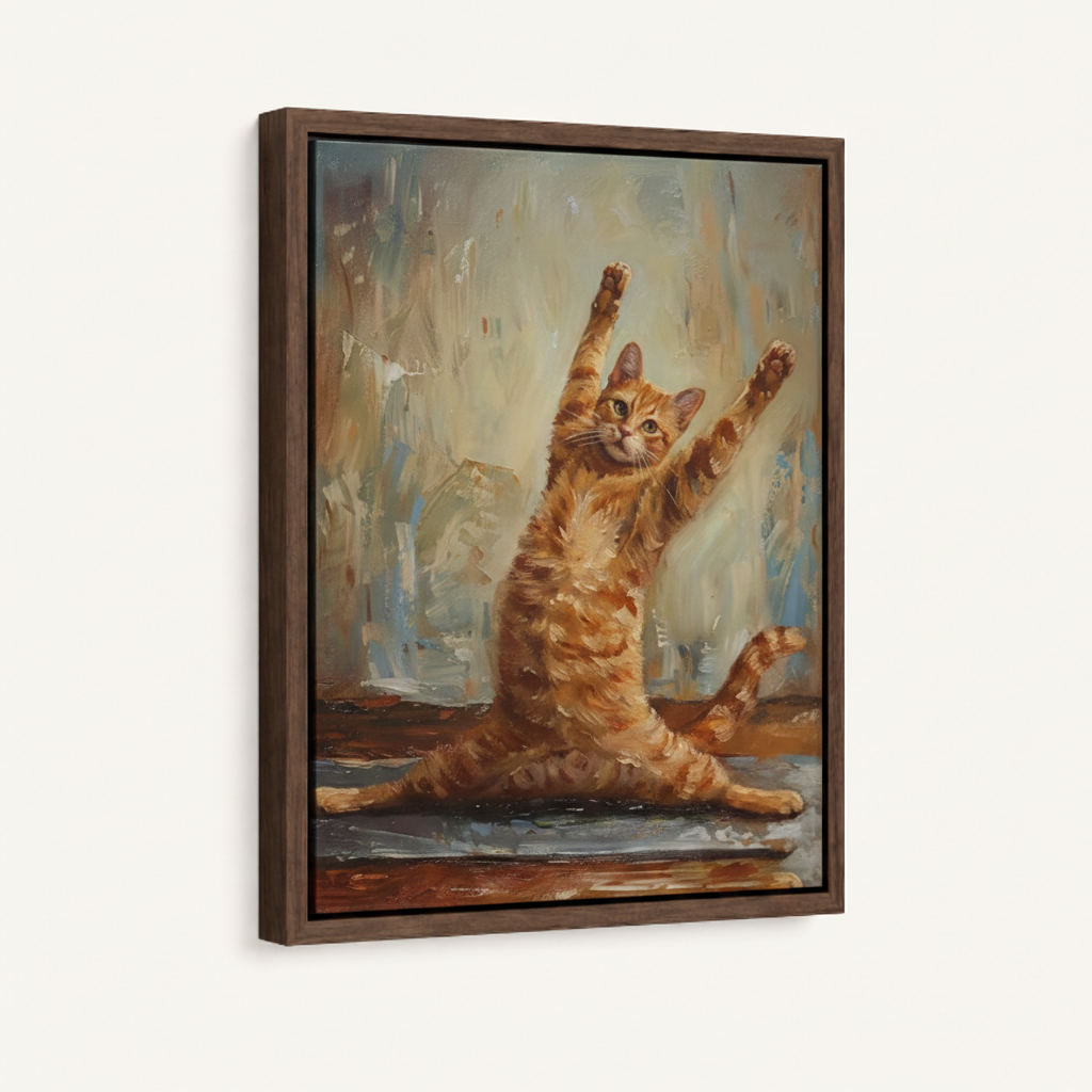 Joyful orange cat framed canvas wall art – funny realist oil painting with ecstatic tabby cat arms wide open on warm brown background by Aurewall