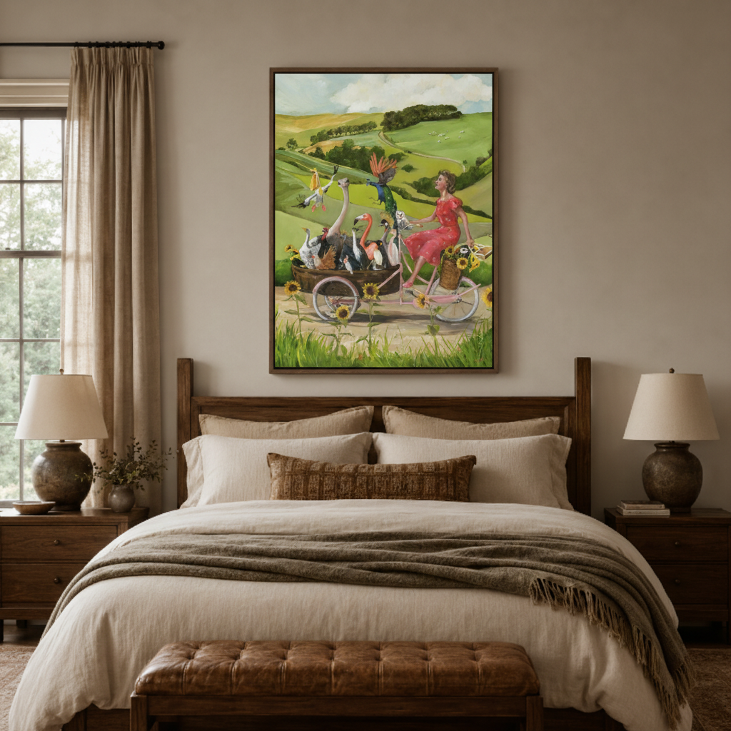 Whimsical woman cycling birds canvas print in bedroom – bright colorful surreal illustration with sunflowers above bed by Aurewall