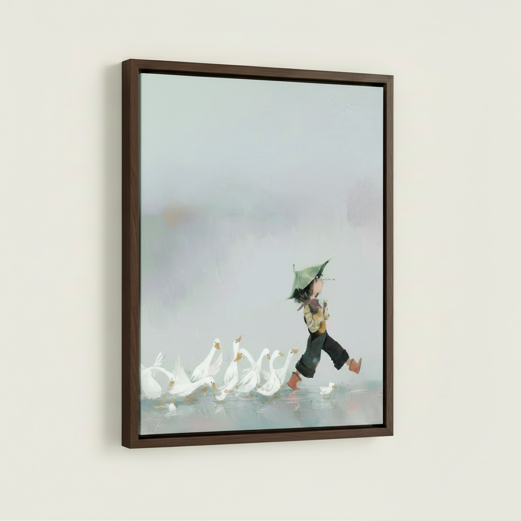 Goose herder minimalist framed canvas wall art – zen ink illustration with small figure in black leading white geese across white ground by Aurewall