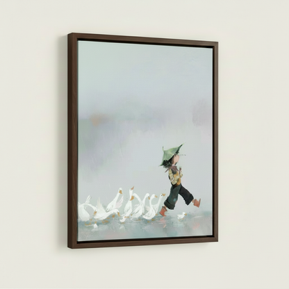 Goose herder minimalist framed canvas wall art – zen ink illustration with small figure in black leading white geese across white ground by Aurewall