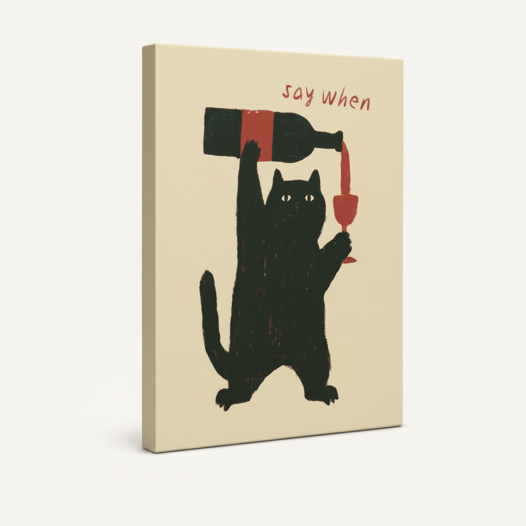 Say when black cat illustration on stretched canvas shown at an angle against a clean white background