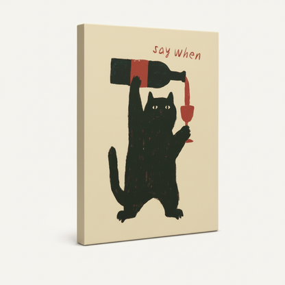 Say when black cat illustration on stretched canvas shown at an angle against a clean white background
