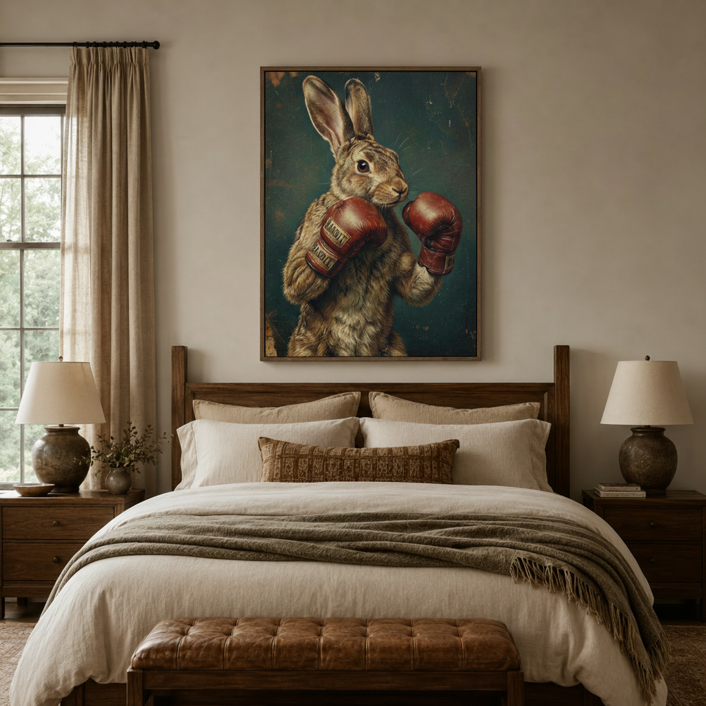 Vintage-style rabbit boxing gloves canvas above wooden bed headboard in warm neutral bedroom