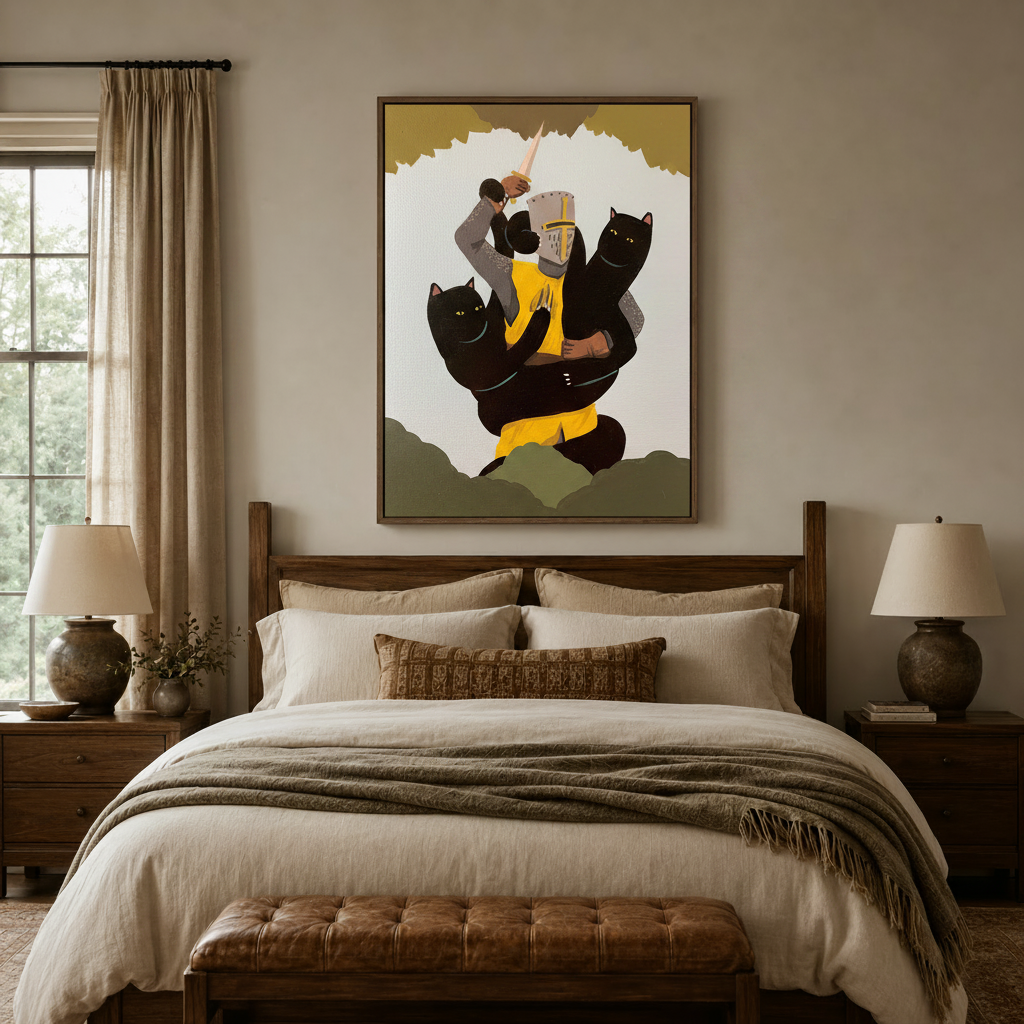 Bold knight and cats figurative canvas above a rustic wooden bed in a cozy warm-toned bedroom