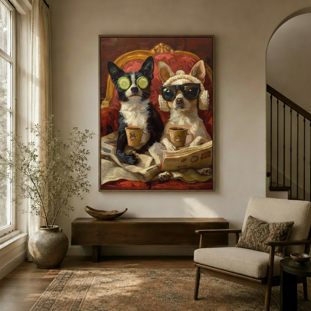 Two dogs spa day baroque canvas print in a warm entryway with floating wood frame and visible shadow gap