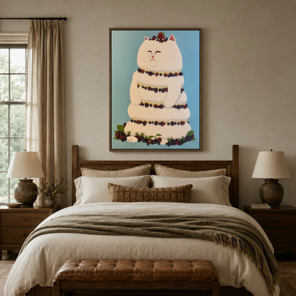 Playful cat cake wall art above a dark walnut bed frame in a cozy neutral bedroom